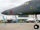 The display stand nestled under the nose of the mighty B-1B in the             static park.